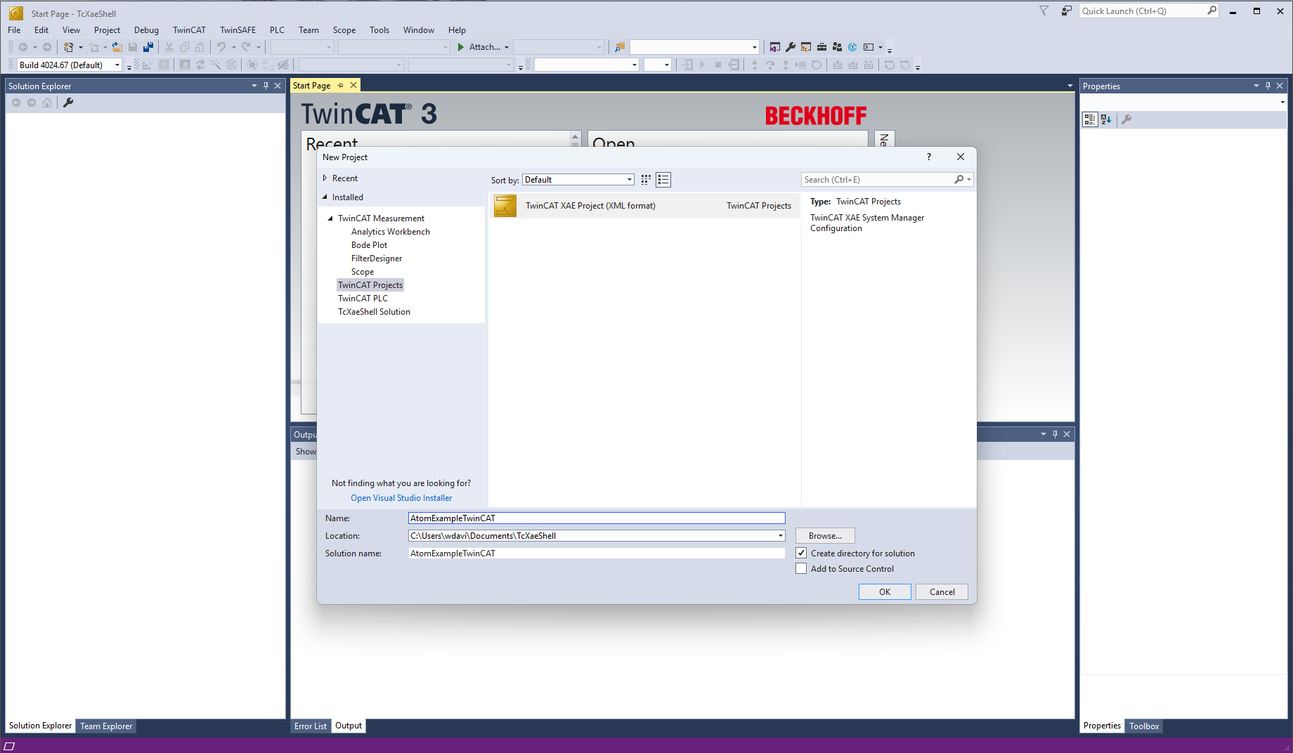 Creating a new TwinCAT project