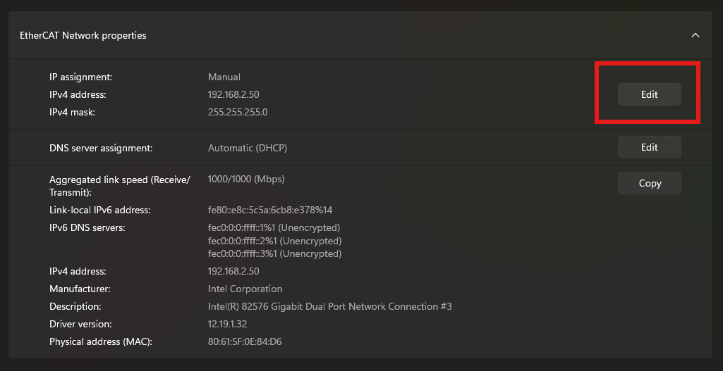 Configuring EtherCAT Network interface