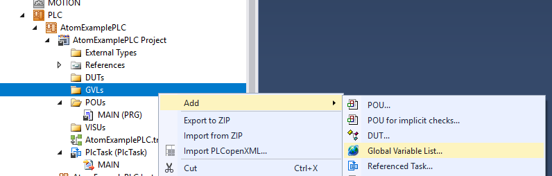 TwinCAT global variable list