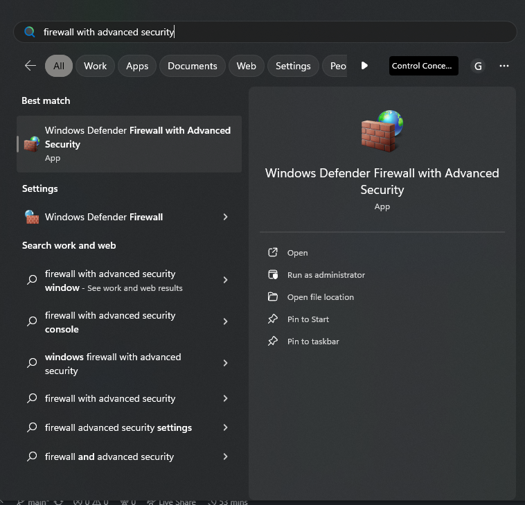 Open Windows Defender Firewall with Advanced Security